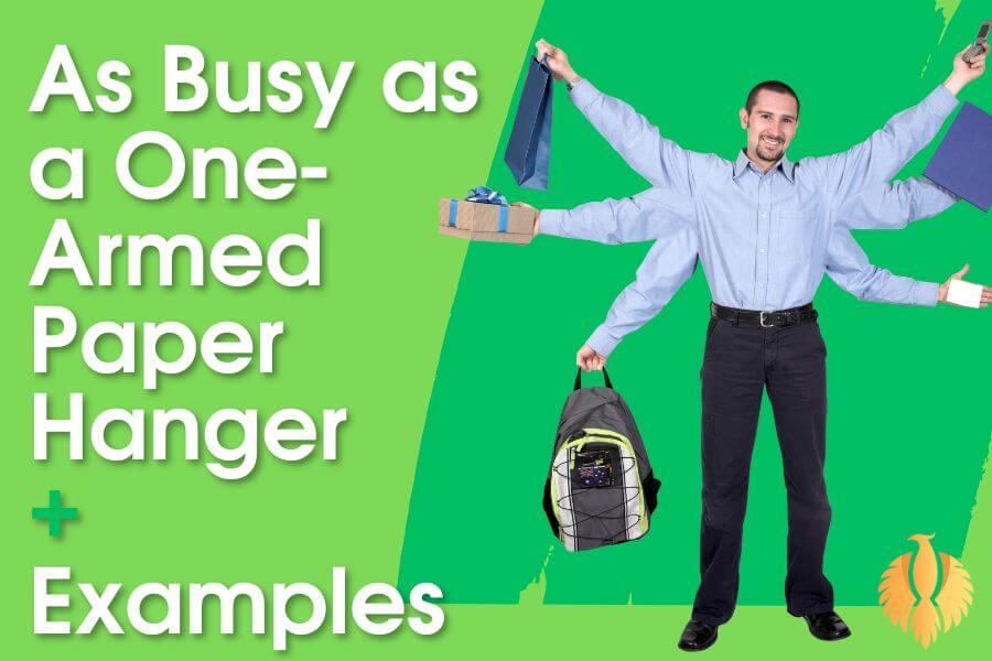Busy businessman with six arms showing all the tasks he has to do in green background