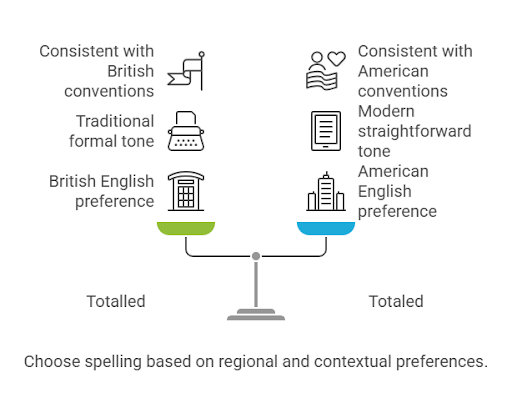 a infographic about Totalled Vs Totaled: 10 Main Differences + Examples [2025]