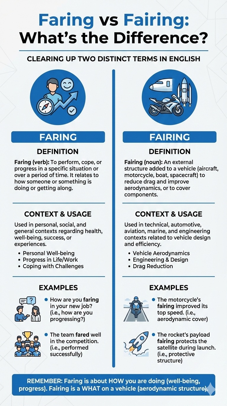 Infographic comparing the difference between 'faring' and 'fairing'. 'Faring' is defined as how someone is doing or progressing in a specific situation, while 'fairing' refers to an aerodynamic structure on a vehicle. The infographic includes examples and usage contexts for both terms in personal well-being, work, and engineering design