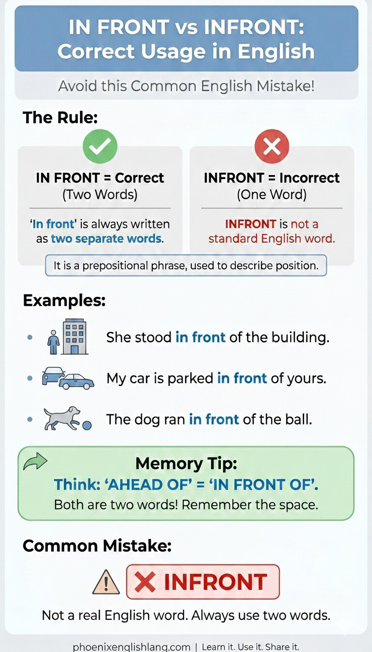 Infographic explaining the difference between “in front” and “infront” in English, showing that “in front” is the correct two-word phrase with grammar rule, real-life examples, and a simple memory tip.