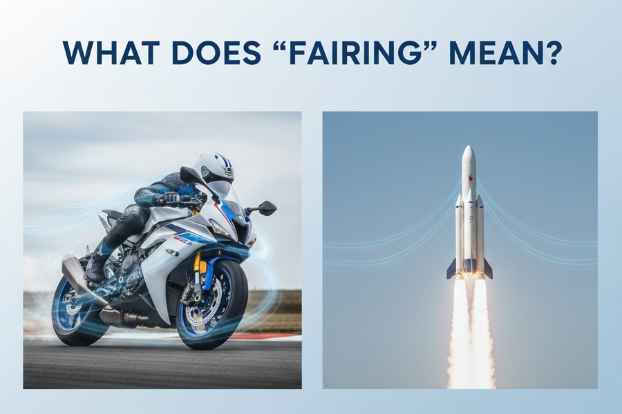 Image showing two examples of 'fairing': a motorcycle with a streamlined fairing for aerodynamic efficiency and a rocket with a protective fairing to reduce drag during launch. The image is used to explain the meaning of 'fairing' as an aerodynamic structure