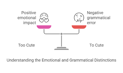 a infographic for Too Cute Meaning Vs To Cute (To Vs Too) + Examples