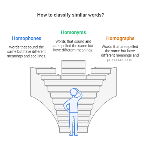 a infographic for Homophone Vs Homonym Vs Homograph ; Diffrences + Examples