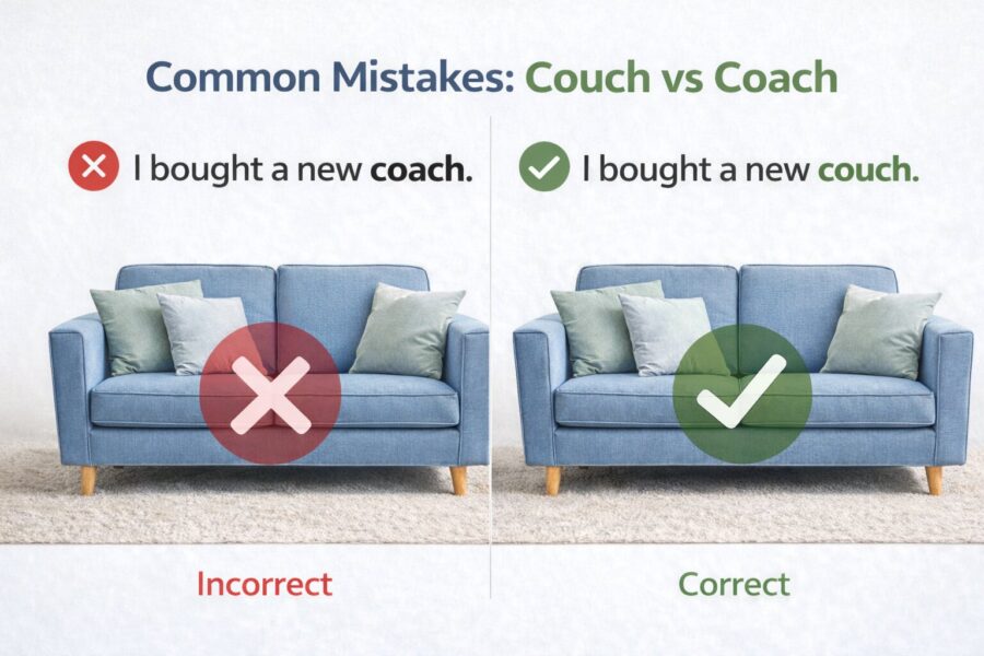 Infographic showing common mistake between couch and coach with correct and incorrect sentence examples for English learners