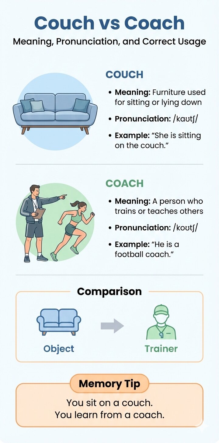 Infographic showing the difference between couch and coach, including meaning, pronunciation, examples, and visual comparison for English learners