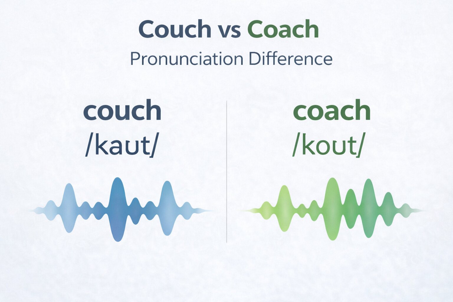 Infographic showing the pronunciation difference between couch /kaʊtʃ/ and coach /koʊtʃ/ with visual sound wave comparison