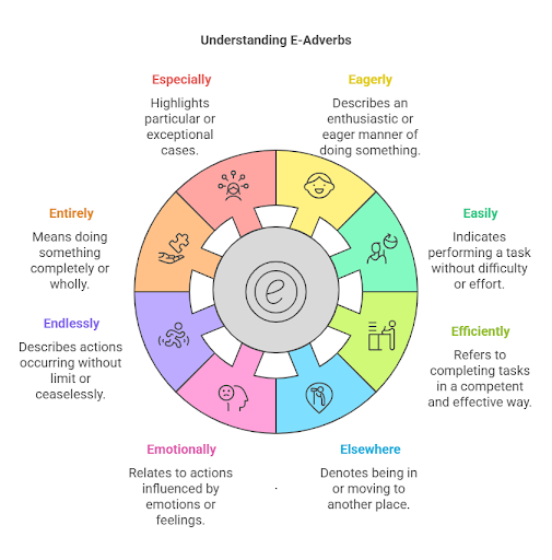 a infographic about Adverbs that start with E