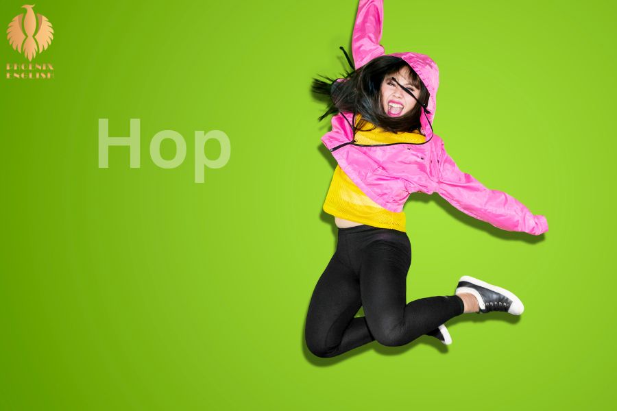 A girl jumping and a with a text of Hop on the green background