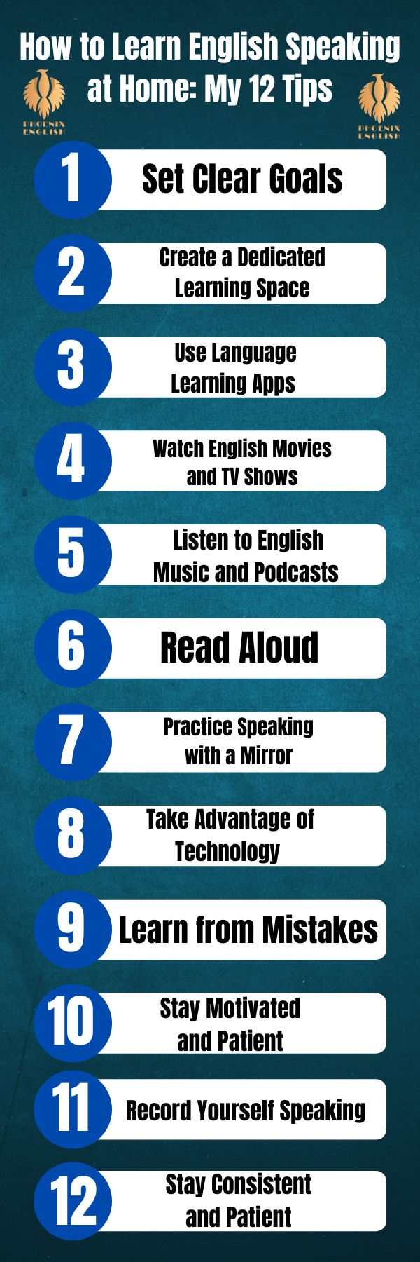 an infographic about How to Learn English Speaking at Home: My 12 Tips