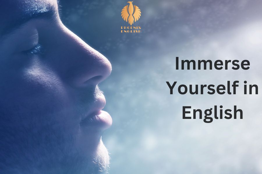 a pic from a young man closing his eyes with a background text saying Immerse Yourself in English