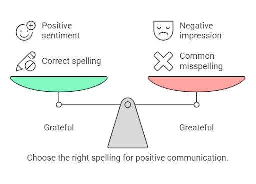 a infographic for Grateful or Greateful? Correct Spelling + Examples + Differences