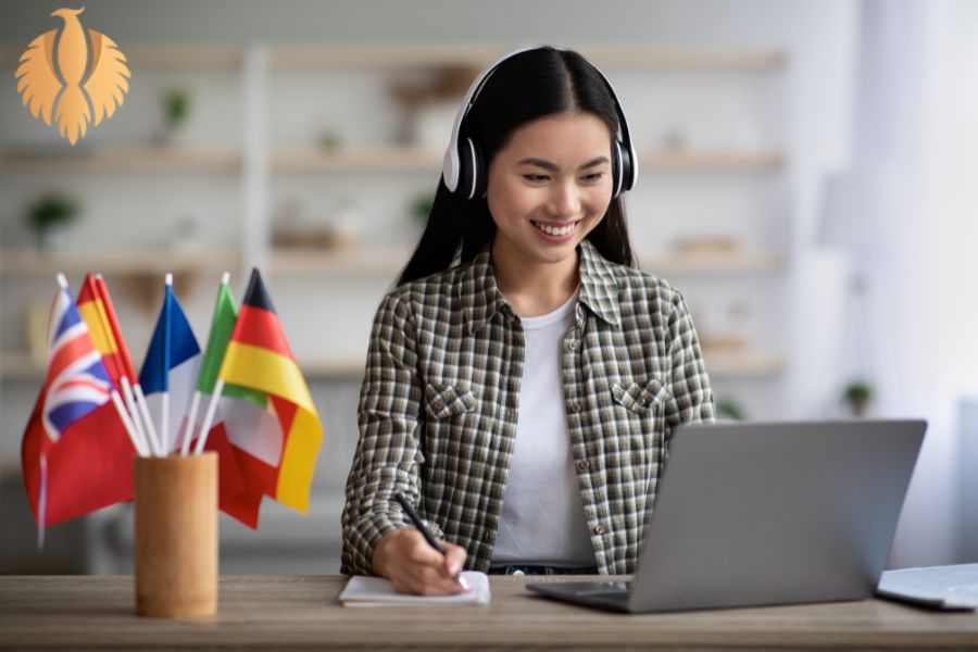 A picture about a woman who is learning a language