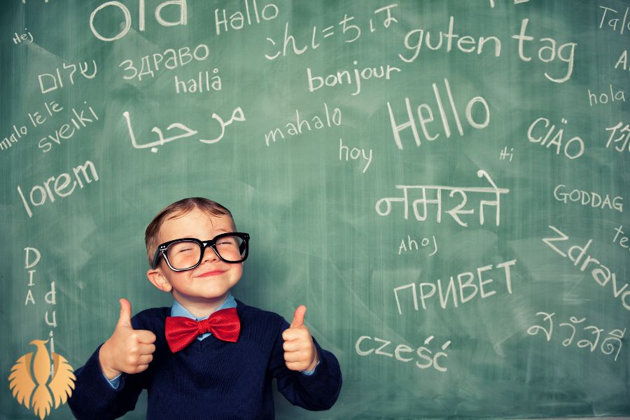 an pic about A boy who is satisfied with his learning about the languages ​​of different countries