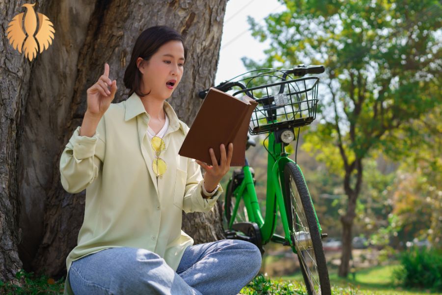 A picture about a lady who is reading a book out loud