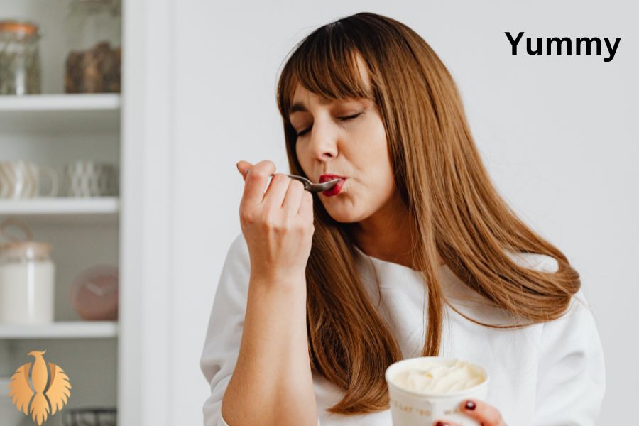 A photo about a lady eating delicious food