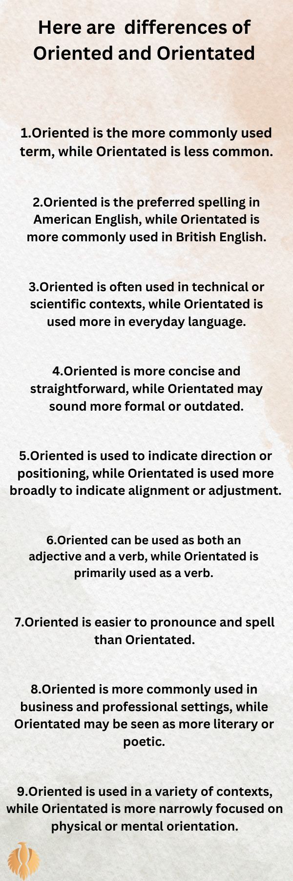 a infographic about Here are 40 differences of Oriented and Orientated