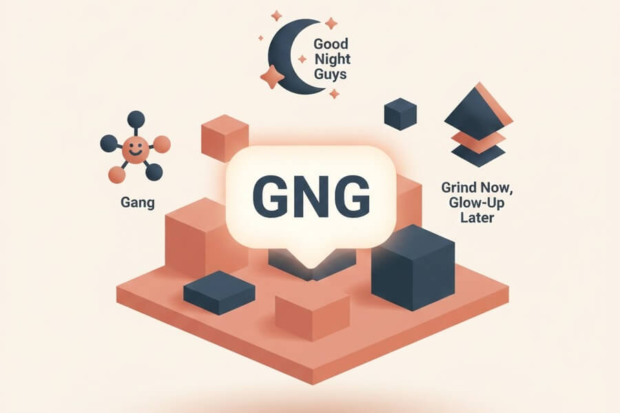 Illustrated graphic showing the meaning of “GNG” with abstract symbols representing friendship, good night messages, and personal growth in digital communication.