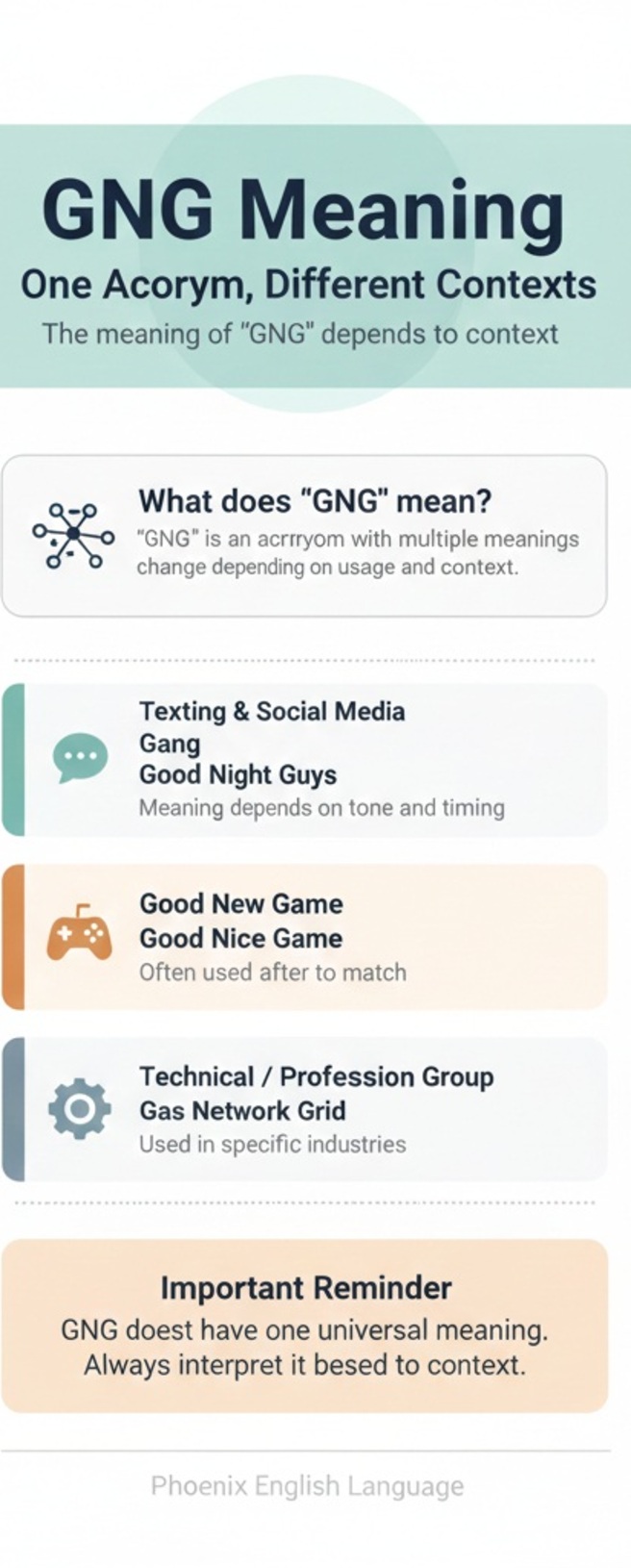 GNG meaning infographic showing different uses in texting, gaming, and professional contexts