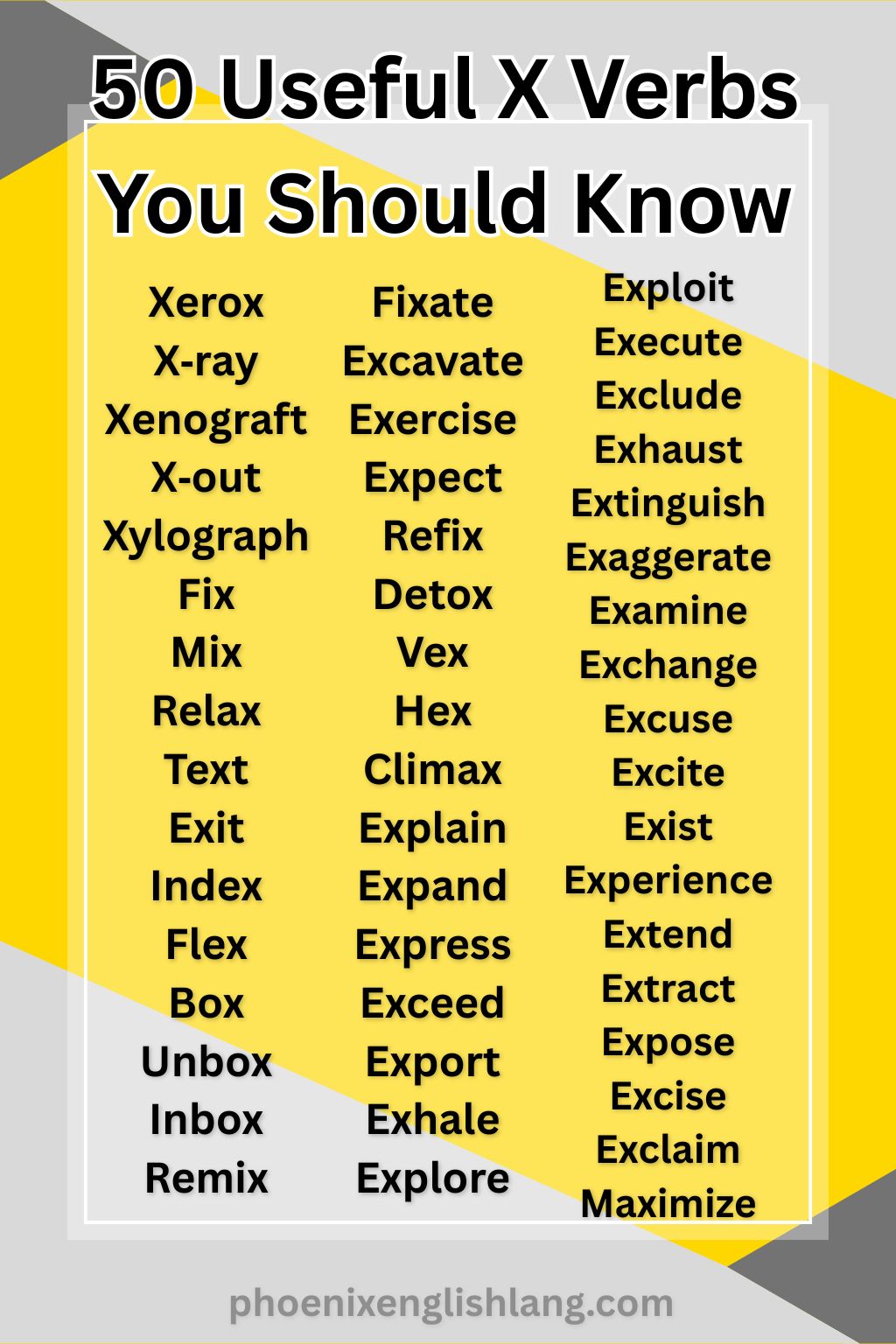 50 Useful X Verbs You Should Know infographic