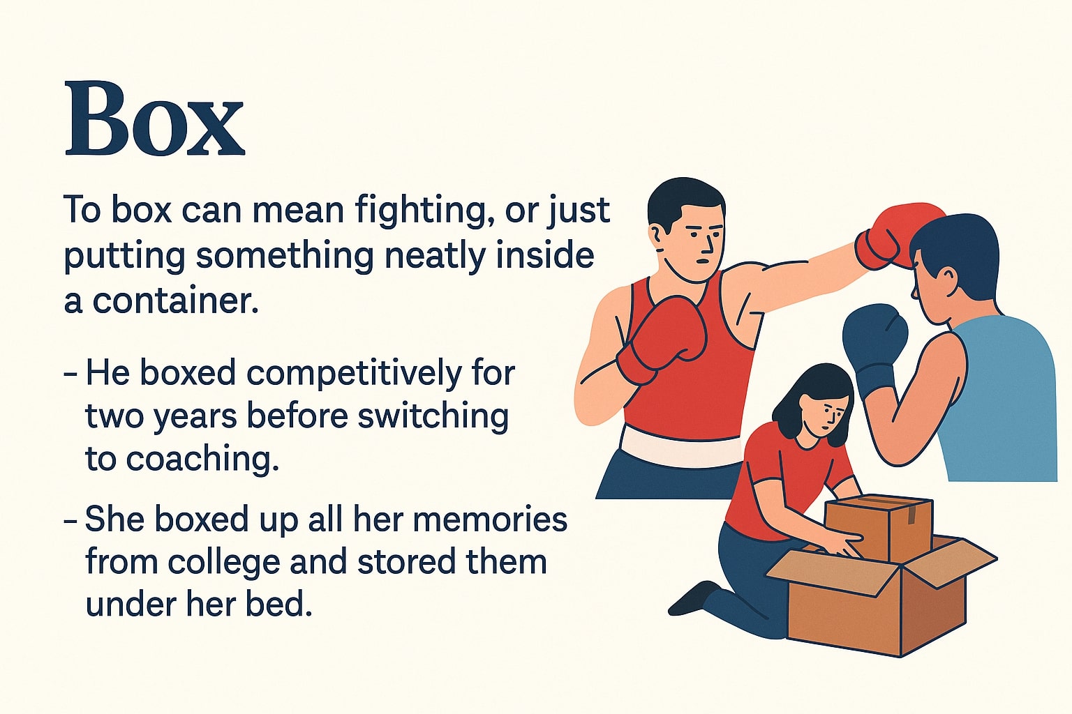 Illustration of boxing and packing to show different meanings of the verb ‘box