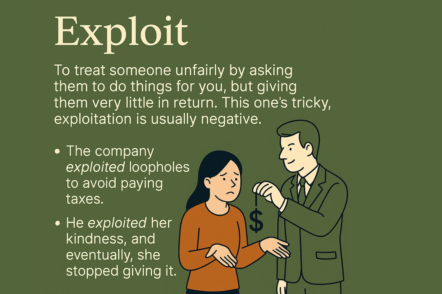  Illustration of the verb ‘exploit’ with definition and examples, showing a man taking money from a woman, representing unfair treatment.